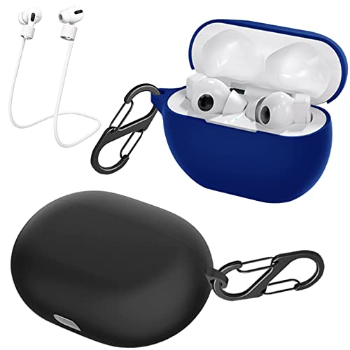 easyBee 2er Pack Hülle für Huawei FreeBuds Pro 2 Case mit 2 Karabiner 2 Halteband Strap, Flüssiges Silikon Ultradünn Stoßfest Schutzhülle Bluetooth Kopfhörer Tasche - Schwarz und Blau von easyBee