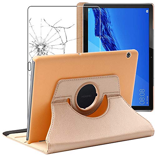 ebestStar - Hülle für Huawei MediaPad T5 10 Tablet 10.1, Drehbar Schutzhülle, PU-Lederhülle, Rotierende Ständer Etui, Rotating Case Cover, Gold + Panzer Schutz Glas von ebestStar