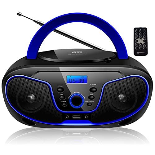 Tragbarer CD-Player | Boombox | CD/CD-R | USB | FM Radio | AUX-Eingang | Kopfhöreranschluss | CD-Player | Kinderradio | Radio | CD | Stereoanlage | Kompaktanlage (Dark Blue) von ecosa