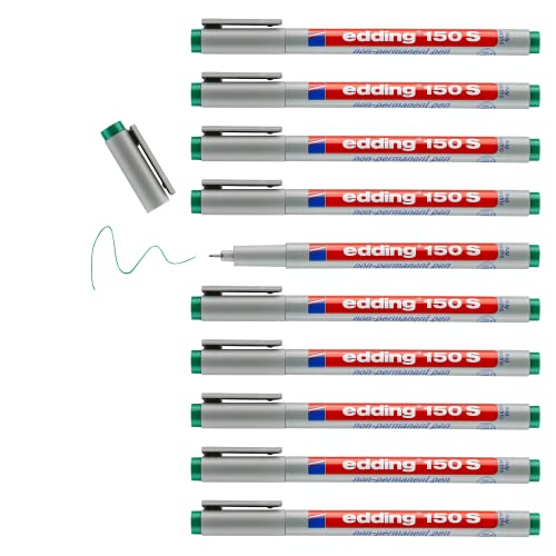 edding 150 S Non-permanent pen - grün - 10 Stifte - Rundspitze 0,3 mm - Stift zum Schreiben auf Glas, Kunststoff, Folien und glatten Oberflächen - schnelltrocknend, mit Wasser korrigierbar von edding