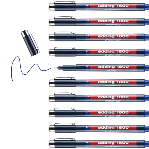 edding 1800 Präzisionsfeinschreiber - blau - 10 Stifte - Linienbreite 0,35 mm - Fineliner zum präzisen Schreiben und Skizzieren - feine, metallgefasste Spitze - Lineal- und schablonengeeignet von edding