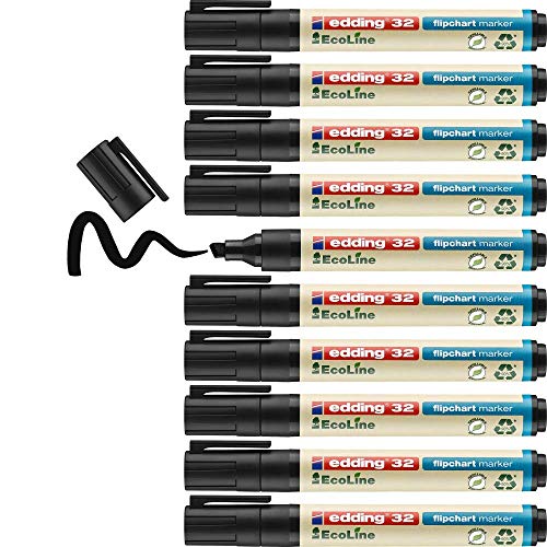 edding 32 EcoLine Flipchartmarker - schwarz - 10 Stifte - Keilspitze 1-5 mm - zum Schreiben, Zeichnen auf Flipcharts - Tinte schlägt nicht durch Papier - trocknet nicht aus - nachfüllbar von edding