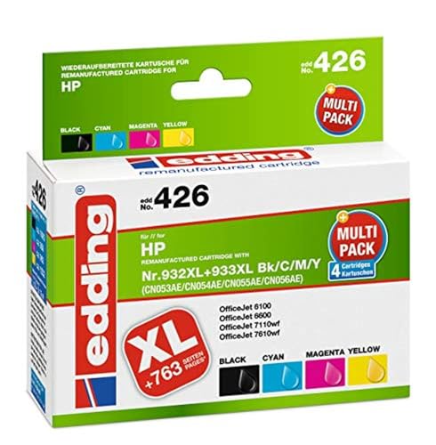 edding Druckerpatrone EDD-426 - Multipack 4 - Schwarz, Cyan, Magenta, Gelb - 1x 30ml + 3x 12 ml - Reichweite 1x 1090 3x 1030 - Ersetzt HP 932XL/933XL (CN053/CN054/CN055/CN056) von edding