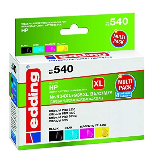 edding Druckerpatrone EDD-540 - Multipack 4 - Schwarz, Cyan, Magenta, Gelb - 1x 45 ml + 3x 12 ml - Reichweite 1x 1700 3x 1030 - Ersetzt HP 934XL/935XL (C2P23/C2P24/C2P25/C2P26) von edding