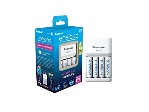 eneloop SmartPlus Ladegerät, für 1-4 AA/AAA NI-MH Akkus, 1.5 Stunden Ladezeit, 10 Sicherheitsfunktionen, inkl. 4 eneloop AA Akkus (2000 mAh) von eneloop