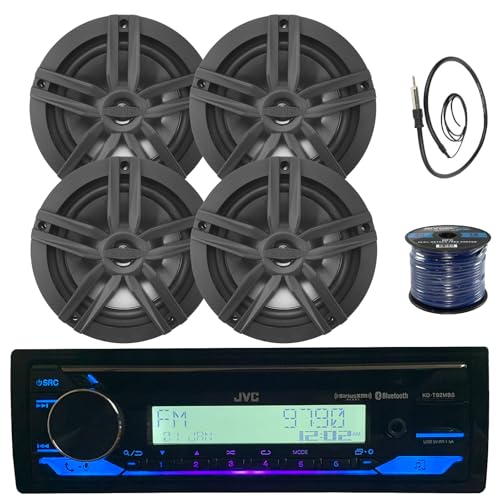 Single DIN In-Dash Marine Boot Audio Bluetooth CD Player Receiver Bundle Combo mit 4 x enrock 16,5 cm schwarzen 2-Wege-Stereo-Lautsprechern + Radioantenne + 16 g 15 m Marine-Lautsprecherkabel von enrock