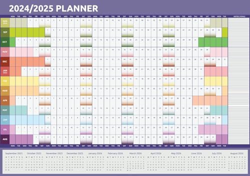 Wandplaner 2024 2025, A2 Größe (59 x 42 cm), für Zuhause, Büro, Schule, akademische Jahresansicht von August bis August (Regenbogen) von evelay