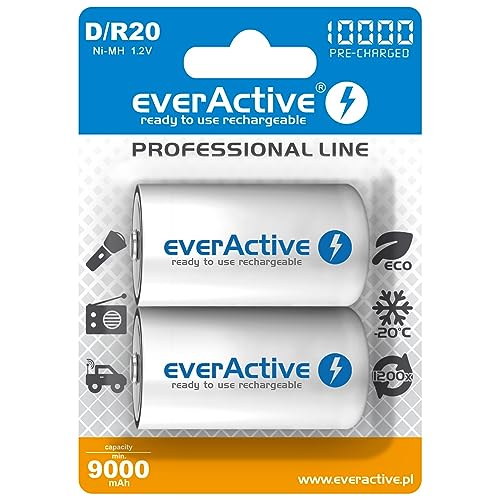 everActive Akku D 10000 mAh 2 Stück, Ni-MH, Mono R20, wiederaufladbar, vorgeladen, höchster Leistung, Professional Line 1.2V, 1 Blisterkarte von everActive