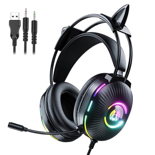 fesoklaf Gaming-Kopfhörer mit Mikrofon, süßes RGB-Kabel-Headset mit Mikrofon mit Geräuschunterdrückung, Over-Ear-Ohrhörer mit Katzenohren für Gamer/PC/Streamer/Cosplay (Schwarz) von fesoklaf