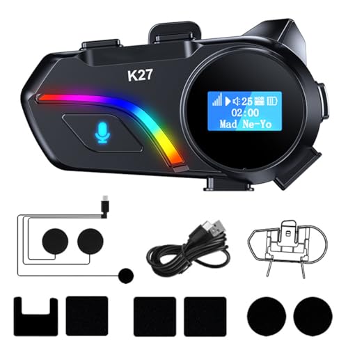 fesoklaf Motorradhelm-Headset, RGB-Licht, Motorradhelm-Ohrhörer, Einzelpersonengebrauch, kabellos 5.3 mit wasserdichter Geräuschunterdrückung, Freisprechanrufe, automatische Annahme (weiches Mikrofon) von fesoklaf