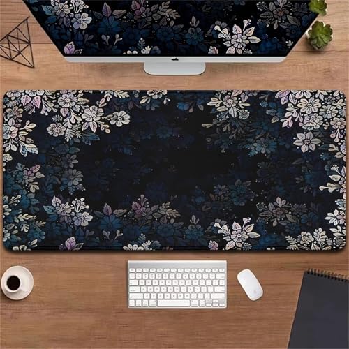 Gaming Mauspad XXL,Schwarze Blumen Large Mouse Pad, rutschfeste Gummibasisgenähte Anti-Fray-Kanten für Home Office 1500x800x2mm von fghgbf