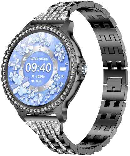 Smartwatch Damen mit Telefonfunktion Luxus Schwarz Sportuhr mit Diamant Design Menstruationszyklus Schlafmonitor Fitness Tracker für Android iOS von findtime