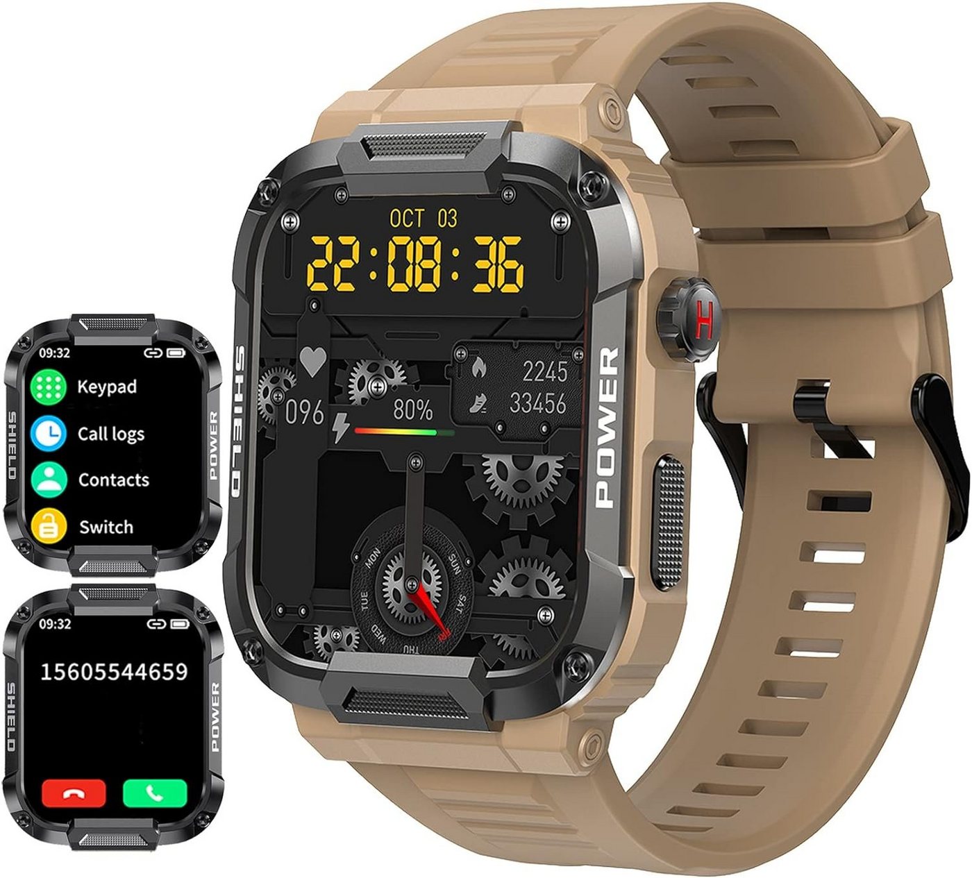 findtime Militär Anrufe tätigen Herzfrequenz Blutdruck Smartwatch (1,85 Zoll), HD Bildschirm andys Taktischer Schrittzähler Fitness Tracker von findtime