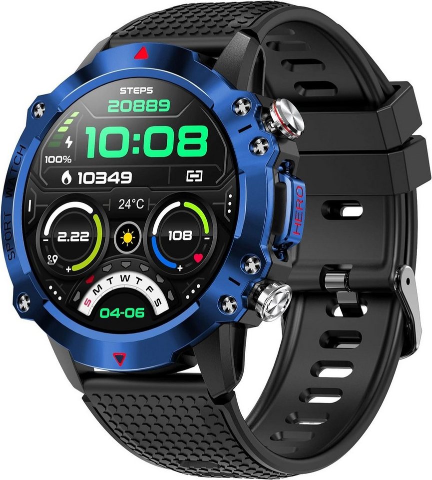 findtime Smartwatch (1,39 Zoll, Android, iOS), mit Blutdruckmessung Wasserdicht Militär Uhr Schrittzähler Sportmodi von findtime