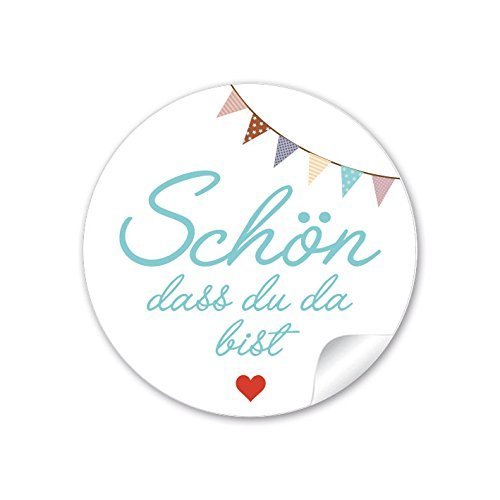 24 STICKER : 24 Geschenkaufkleber "Schön, dass du da bist" (A4 Bogen) Zur Geburt oder Taufe für einen Jungen in blau • Papieraufkleber/Sticker/Aufkleber/Etiketten (Format 4 cm, rund, matt) von fioniony