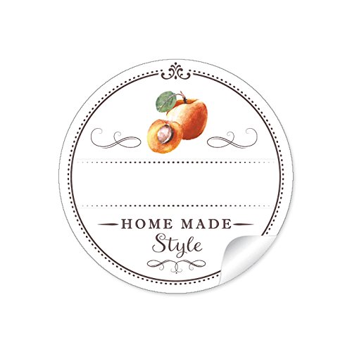 24 STICKER: 24 Schöne Marmeladenetiketten für die Küche in weiß mit Illustrierter Aprikose:"Home Made Style" mit Freitextfeld für die Hochzeits-Marmelade • Papieraufkleber 4 cm, rund, matt von fioniony