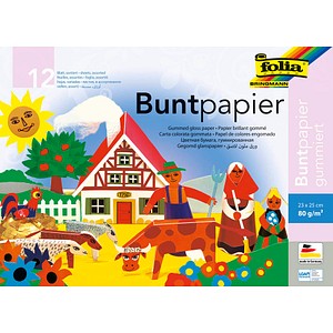 folia Buntpapier gummiert farbsortiert 80 g/qm 12 Blatt von folia