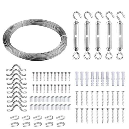 FSHIHINE 1.5mm x 30 m Drahtseil Kit, Lichterketten-Aufhängeset, Edelstahl-Kabelöse, Spannschloss Drahtseilspannung für Wäscheleinen, Gartendraht, Bilderaufhängung Vorhang Draht, Bild Hängen von fshihine