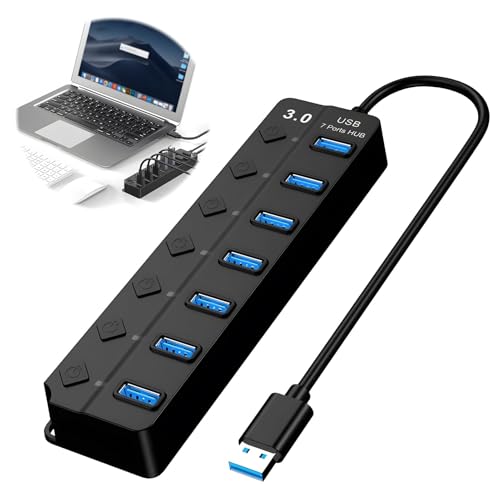 7-Port USB 3.0 Hub, Multiport USB Adapter mit individuellen Netzschaltern und LED-Anzeigen, Hochgeschwindigkeits-tragbarer USB-Splitter für PC, Laptop, Drucker, Flash-Laufwerke von gaubss