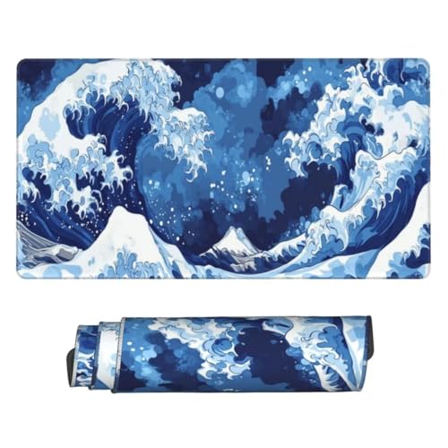 Welle Blau Mauspad, Large XXL Mouse Pad 1000x500x3mm Gaming Tastatur Matte, Groß Vernähte Kanten Anti-Rutsch Mauspad, Erweiterter Schreibtisch Schutz Mauspad für Geschenk Weiblich Home Office H841 von generic