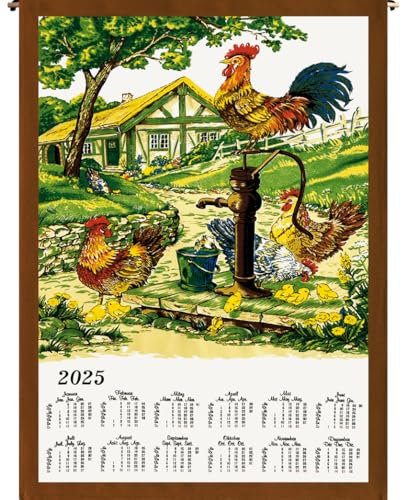 Stoffkalender Wandkalender, diverse Motive, 45 x 65 cm, Baumwolle, inkl Stab und Kordel (0578-Hühner 2025) von ggm