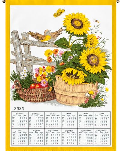 Stoffkalender Wandkalender, diverse Motive, 45 x 65 cm, Baumwolle, inkl Stab und Kordel (0868-Sonnenblumen 2025) von ggm