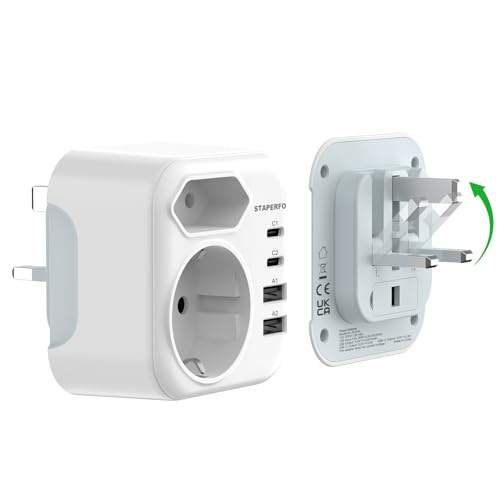 gonew21 Adapter England Deutschland Stecker， UK Adapter mit 2 USB-A 2 USB-C (3A), Steckdosenadapter England für Irland/Großbritannien/Dubai/Maldives， Reiseadapter UK,1118004 von gonew21