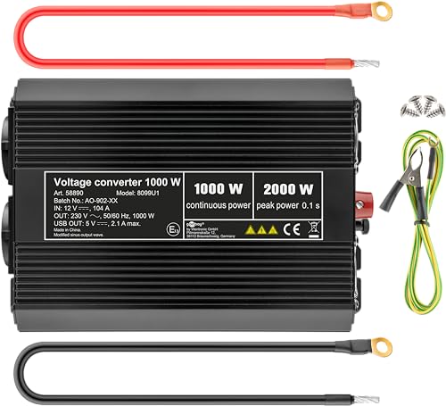 Goobay 58890 Spannungswandler / Wechselrichter / Inverter 12V auf 230V 1000W / 2000W mit 2x AC-Steckdosen und 1x USB-Anschluss (2100mA) von goobay