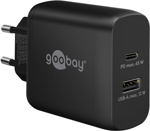 Goobay 65411 Dual Ladegerät 45W / USB-C & USB-A Schnellladegerät Power Delivery/Ladenetzteil mit 2 USB Anschlüssen/Charger für Handy, iPad, Tablet etc. von goobay