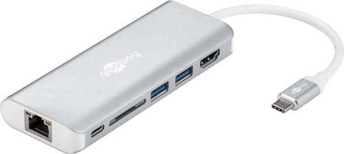 Goobay 76788 USB C Hub Multiport Verteiler 6 Ports 1x HDMI 4K @ 30Hz / 1x USB C 100W PD / 2x USB 3.0 / 1x RJ45 / 1x SD Kartenleser / Multidock Aluminium von goobay