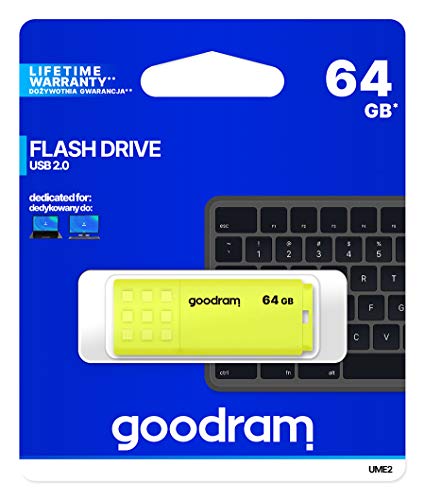 goodram UME2 Yellow - USB Stick - USB Flash Drive - USB 2.0 Schnittstelle - für PC, Laptop - Robustes Gehäuse mit Stöpsel und Anschluss für einen Anhänger - USB Stick 64GB von goodram