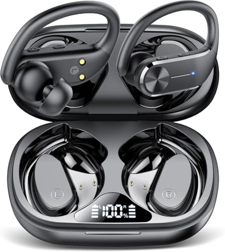 hadbleng Bluetooth 5.3 Kopfhörer Sport, In-Ear Kopfhörer Kabellos mit ENC Mic Noise Cancelling, 50H Spielzeit, LED-Anzeige, IPX7 Wasserdicht, Tiefer Bass Ohrhörer mit Ohrhaken, Schwarz, Q28S von hadbleng