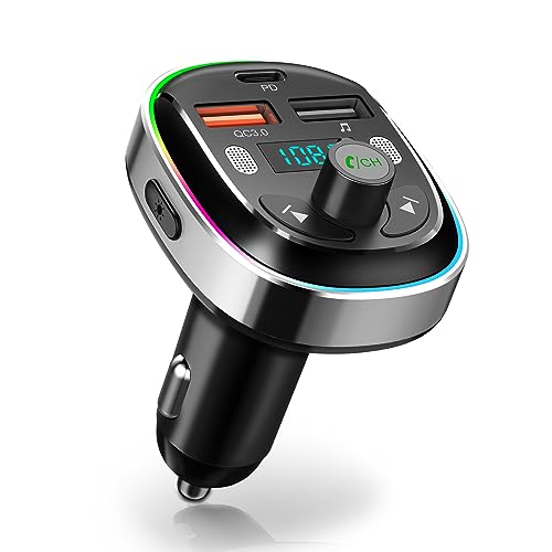 Fm Transmitter Auto Bluetooth 5.3 - Bluetooth Adapter Auto 48W (PD 30W & QC3.0) - Auto Ladegerät Zigarettenanzünder für Musik mit 7 Farben LED Lichtdesign USB-Stick & Dual-Mikrofone (Schwarz) von hangyiwei