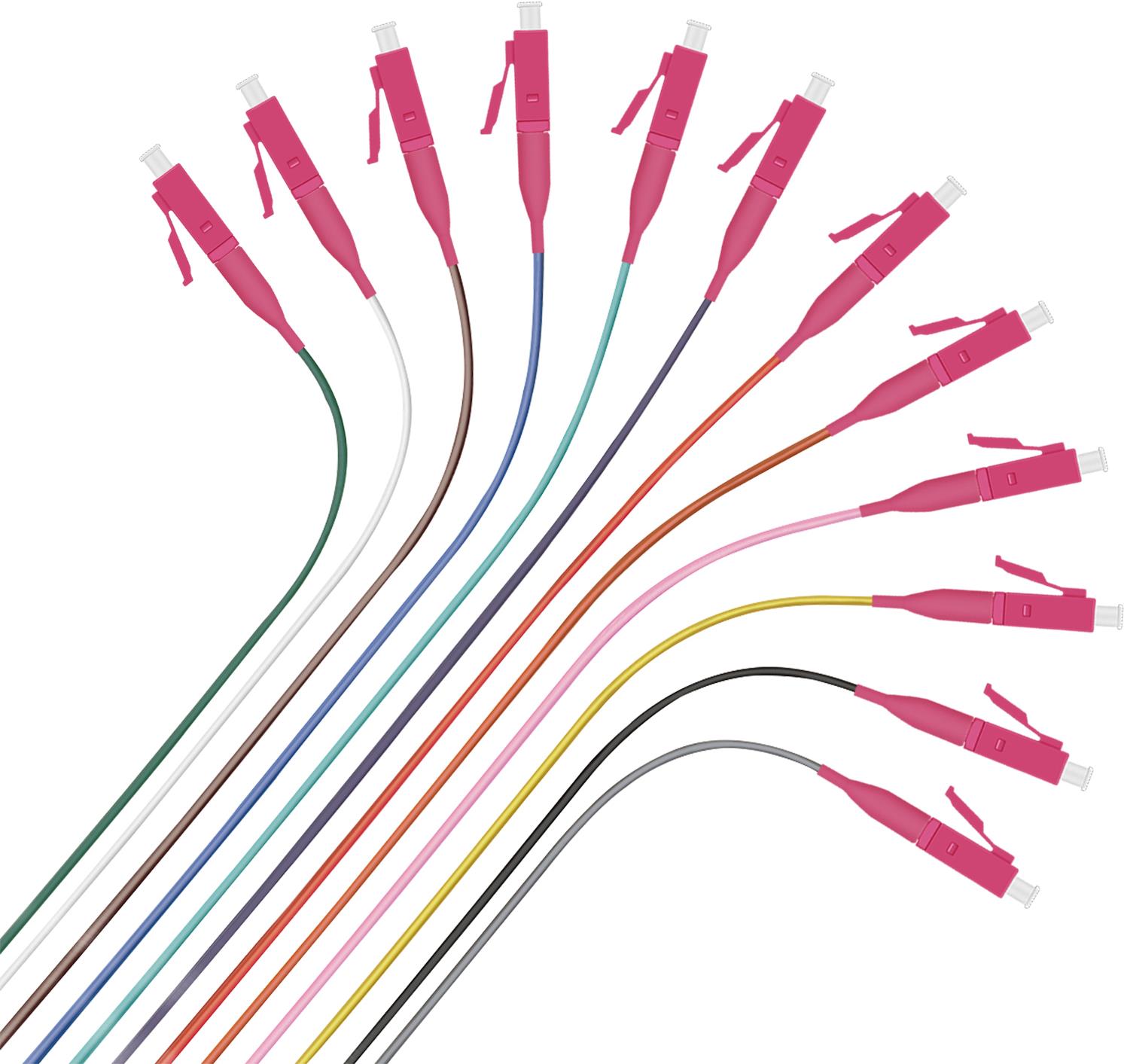 Helos Faserpigtail 12 x LC OM4 50/125µm, easy strip, 2,0m ?900 u halogenfree outer Jacket ?Cable OD:0.9mm±0.05 ?OM4 50/125um ?For 10 Gbit Ethernet ?with ceramic Ferrule and boot ?UPC Polish ?Cable color:1.blue,2.orange, 3.green, 4.brown,5.grey, 6.white ,7.red, 8.black, 9.yellow, 10.violett, 11.pink, 12.aqua ?Cladding color:1.blue,2.orange, 3.green, 4.brown,5.grey, 6.white ,7.red, 8.black, 9.yellow, 10.violett, 11.pink, 12.aqua ?Loose Buffered ?Easy strip type at least 1m ?RoHS 2.0 and REACH Compliant (288347) von helos