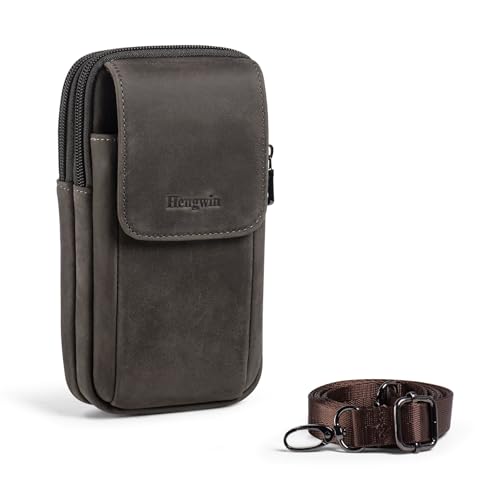 Hengwin Doppeltasche Gürteltasche für Männer Echtes Leder Hüfttasche für iPhone/Samsung Galaxy Handys Umhängetasche Mobile Tasche mit Gürtelring und Gürtelclip (Grau) von hengwin