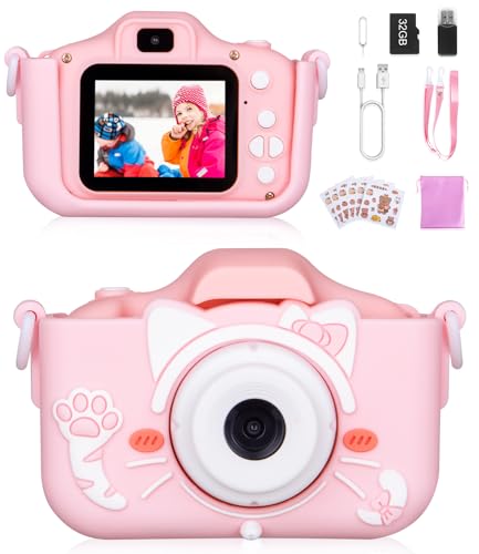 Kinderkamera, 2.0-Zoll-Bildschirm Digitalkamera Kinder,1080P HD Anti-Drop Fotoapparat Kinder,Selfie Digital Video Kamera mit Dual Lens 32GB SD-Karte,Geschenke für 3-12 Jahre Jungen und mädchen von heuchaey