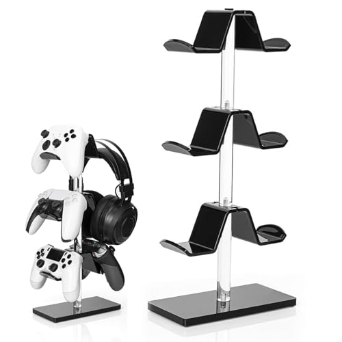 higyee Headset-Ständer, Controller-Ständer | 3-stufiges Acryl-Gamecontroller- und Headset-Aufbewahrungsregal | Stabile Basis, drehbarer Kopfhörer-Aufhänger für Desktop-Spielzimmer, Schlafzimmer von higyee