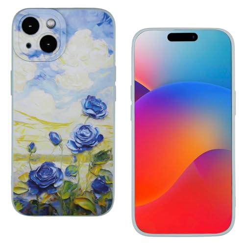 huangyunming Schutzhülle für iPhone 15, buntes Retro-Ölgemälde, bedruckte blaue Rose, exquisite Handyhülle, modische und langlebige TPU-Damen-Schutzhülle (blaue Rose, iPhone 15) von huangyunming