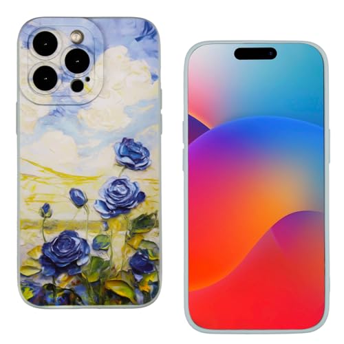 huangyunming Schutzhülle für iPhone 15 Pro Max, buntes Retro-Ölgemälde, bedruckte blaue Rose, exquisite Handyhülle, modische und langlebige TPU-Damen-Schutzhülle (blaue Rose, iPhone 15 Pro Max) von huangyunming