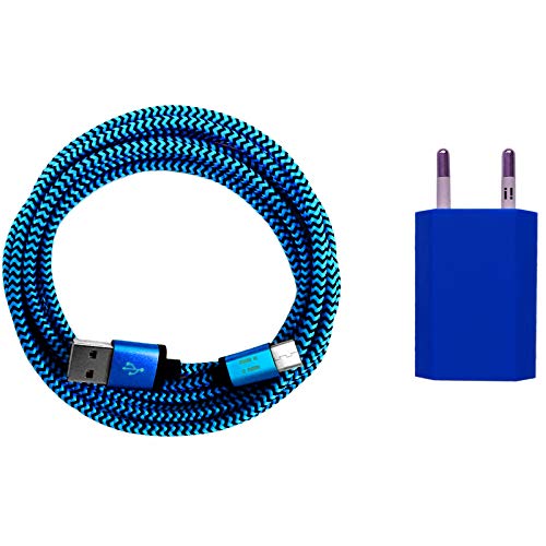 i! - 1A USB Netzteil + 2m Premium Nylon USB-C Schnellladekabel Datenkabel Ladegerät Set für Handy Tablet Smartphone - blau von i!
