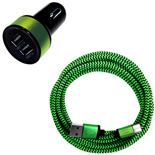 i! - 3.1A DUAL USB KFZ Auto Ladegerät + 1m Premium Nylon USB-C Schnellladekabel Datenkabel Set für Handy Tablet Smartphone - grün von i!