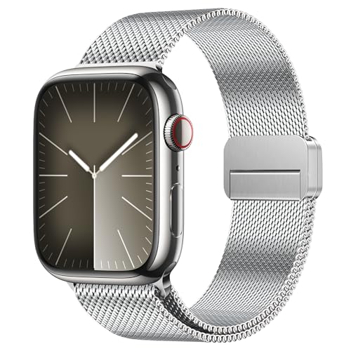 iBazal Kompatibel mit Apple Watch Band 49mm 45mm 44mm 42mm Edelstahl Metall Magnetisches Mesh Loop Ersatzarmband für iWatch Serie Ultra/Ultra 2 SE/SE 2 Series 9 8 7 6 5 4 3 2 1 - M Silber 42/44/45/49 von iBazal