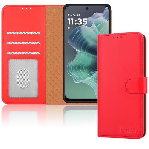 iCatchty Schutzhülle für Motorola Moto G35, Leder, Brieftaschenformat, Klappetui, Ständer, magnetisch, RFID-blockierend, stoßfest, Rot von iCatchy