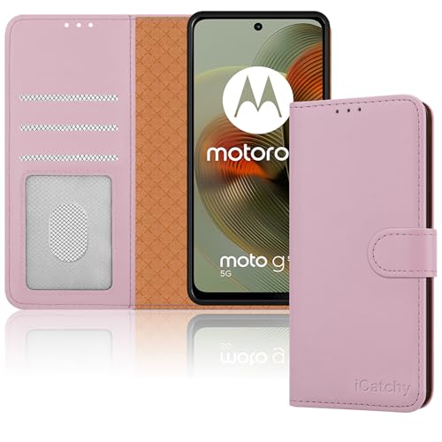 iCatchty Schutzhülle für Motorola Moto G55, Leder, Brieftaschenformat, Klappetui, Ständer, magnetisch, RFID-blockierend, stoßfest, Roségold von iCatchy