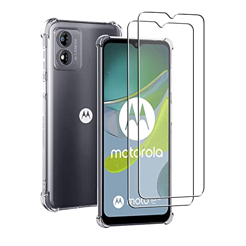 iCatchy Schutzhülle für Motorola Moto E13, Stoßfeste Transparente Rückseite Handyhülle mit 2er-Pack Panzerglas Displayschutzfolie, Anti-Kratzer Bumper Klare Rückseite (Klar) von iCatchy
