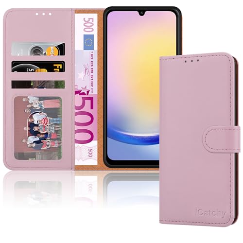 iCatchy Schutzhülle für Samsung Galaxy A25, Leder, Brieftaschenformat, Standfunktion, Magnetschutz, RFID-blockierend, kompatibel mit Samsung A25, Roségold von iCatchy