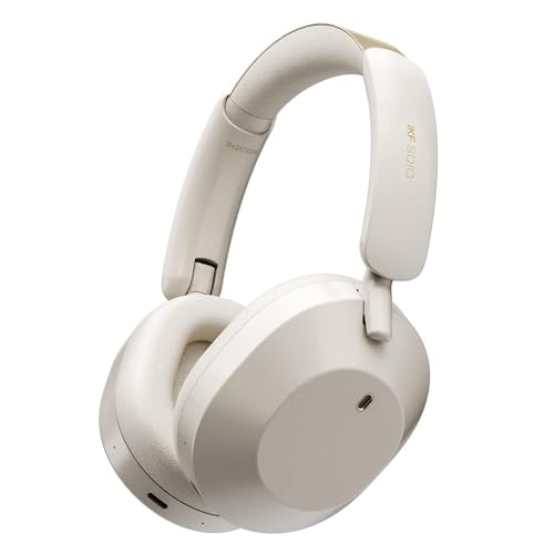 iKF Solo Bluetooth Kopfhörer Over-Ear mit Adaptive Noise Cancelling, 95h Spielzeit Im ANC-Modus, Hi-Res Audio, faltbar, leicht, Bluetooth 5.3 Kopfhörer für Reisen/PC (Offwhite) von iKF