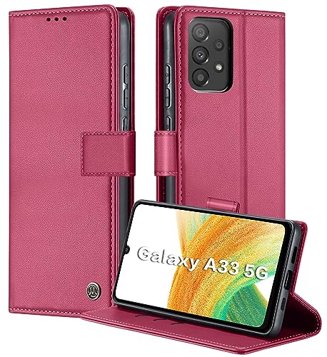 iLovecover Handyhülle für Samsung Galaxy A33 5G Hülle [Premium PU Leder]mit Stoßfest Ständer Kartenfach Magnetic Flip Cover Etui Tasche Schutzhülle Klapphülle für Samsung Galaxy A33 5G,Wein Rot von iLovecover