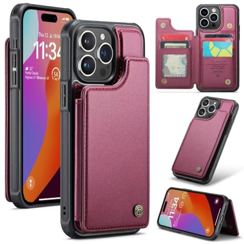 iLovecover Handyhülle für iPhone 15 Pro Leder Stoßfestes Hülle [RFID-Blockierung] Premium PU Leder Schutzhülle, Kartenfach Standfunktion kompatibel mit iPhone 15 Pro - Wein Rot von iLovecover