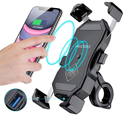 iMESTOU Motorrad Wireless Telefonhalterung 15W Qi & USB Quick Charger 3.0 Lenker/Rückspiegel Mobile Inhaber für 3,5-6,8 Zoll Handys mit max.12mm Dicke, Funktioniert mit 12/24V-Motorrädern von iMESTOU